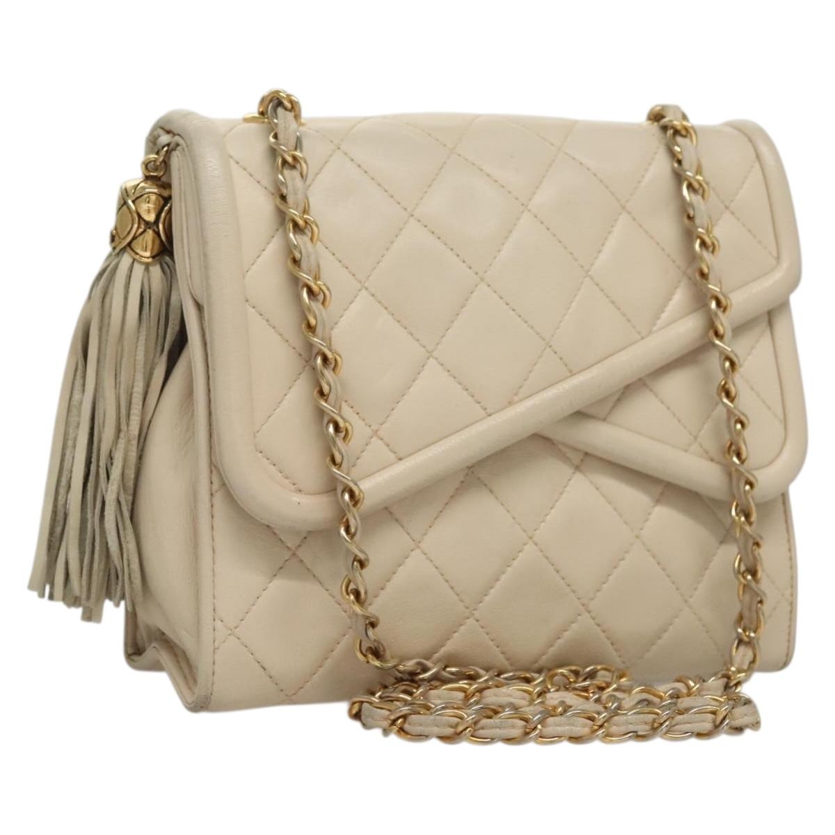 CHANEL Matelasse Chain Shoulder Bag Lamb Skin White Gold CC Auth bs27795