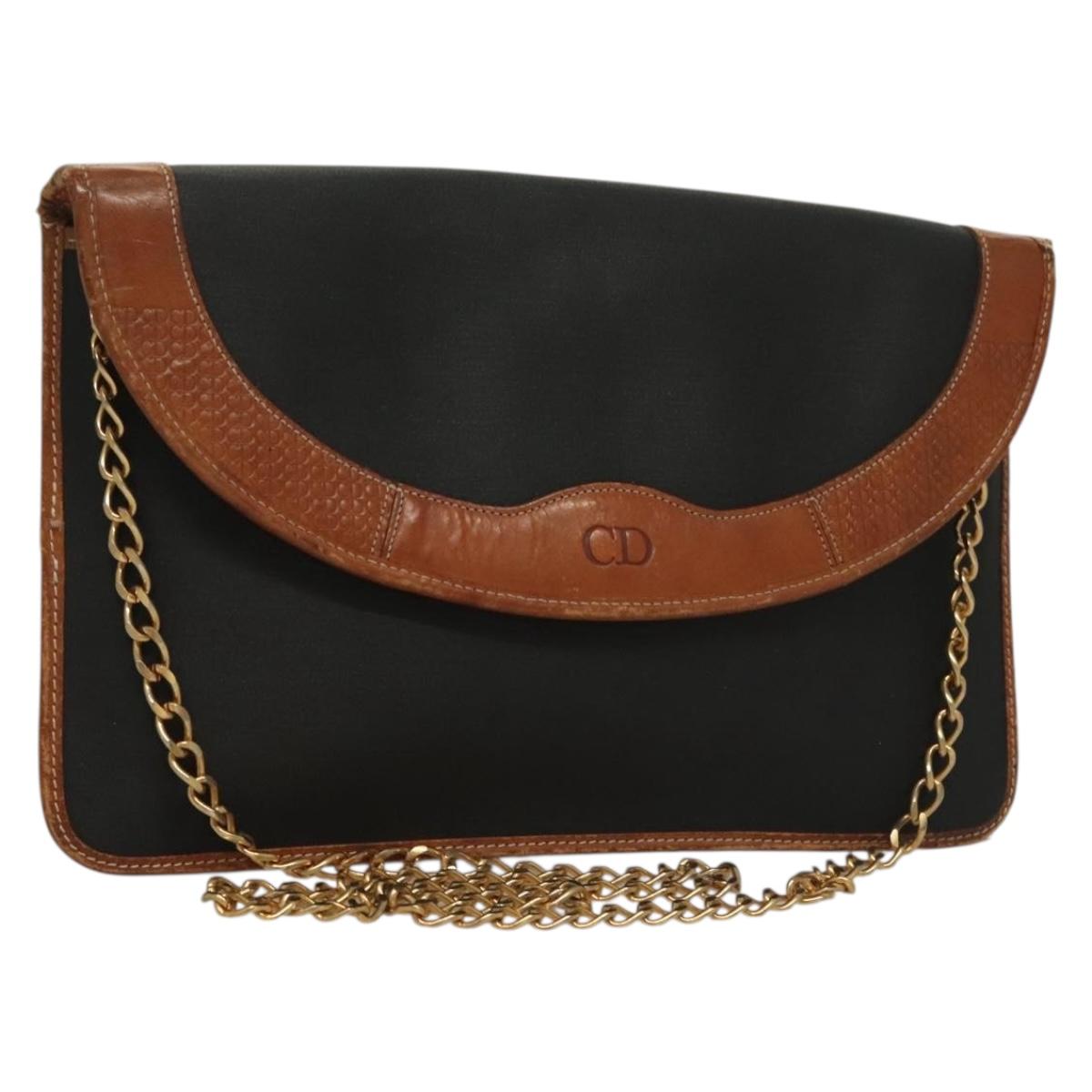 Christian Dior Chain Shoulder Bag Leather Black Gold Auth bs27816
