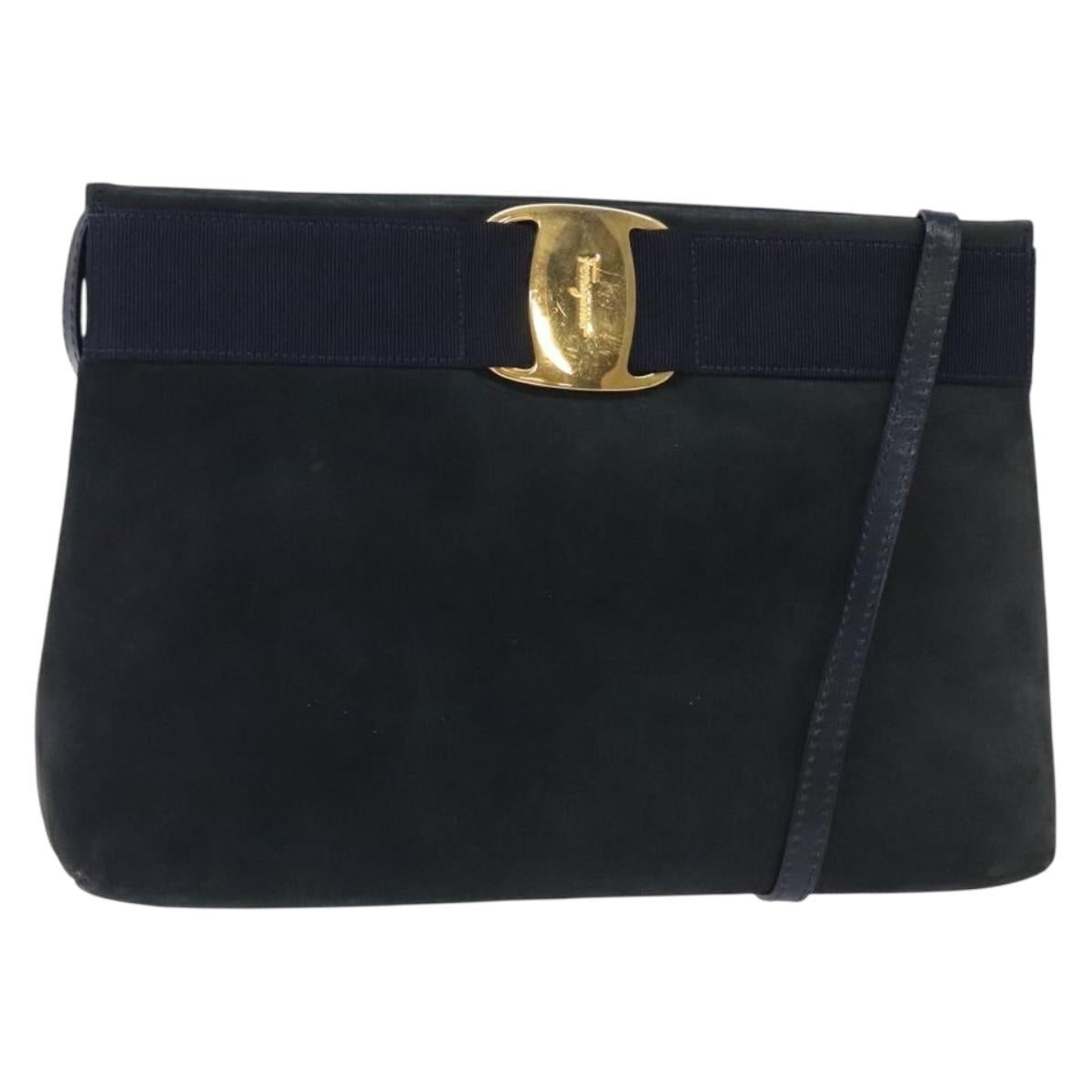 Salvatore Ferragamo Vala Shoulder Bag Suede Navy Gold Auth bs27829