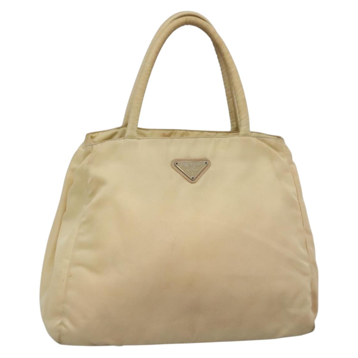 PRADA Tote Bag Nylon Beige Silver Auth bs27837