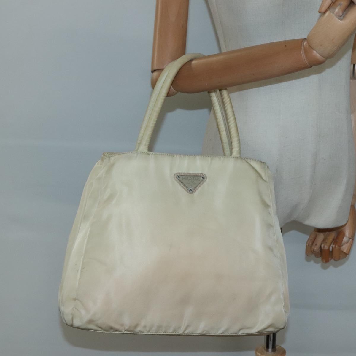 PRADA Tote Bag Nylon Beige Silver Auth bs27837