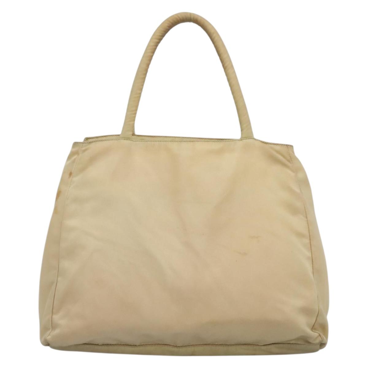 PRADA Tote Bag Nylon Beige Silver Auth bs27837