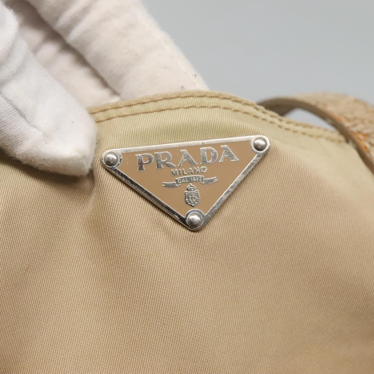 PRADA Tote Bag Nylon Beige Silver Auth bs27839
