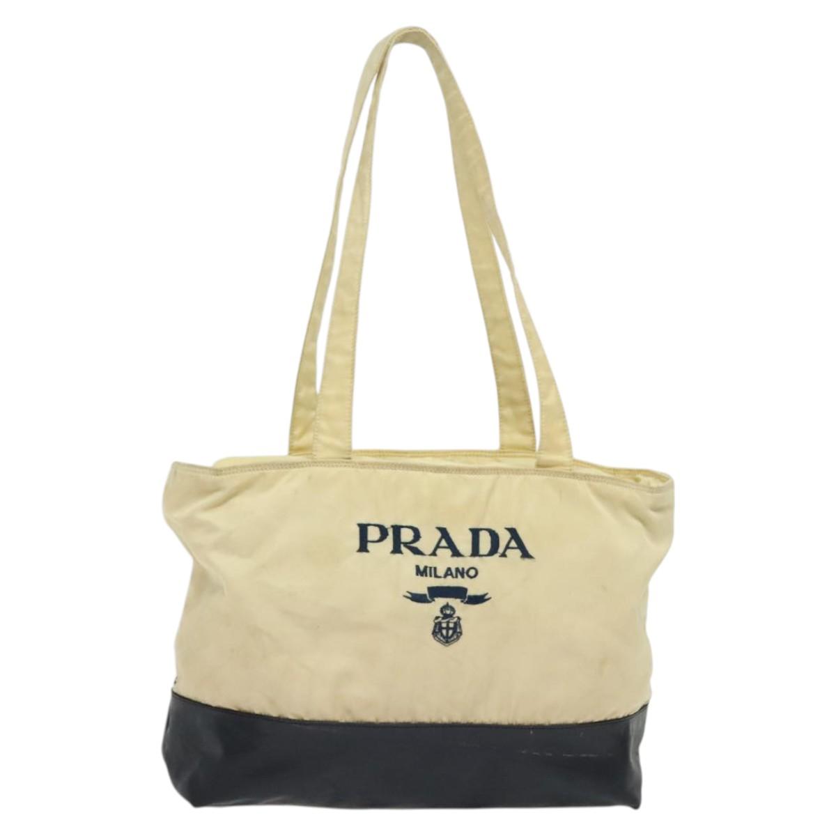 PRADA Tote Bag Nylon Leather Beige Silver Auth bs27840