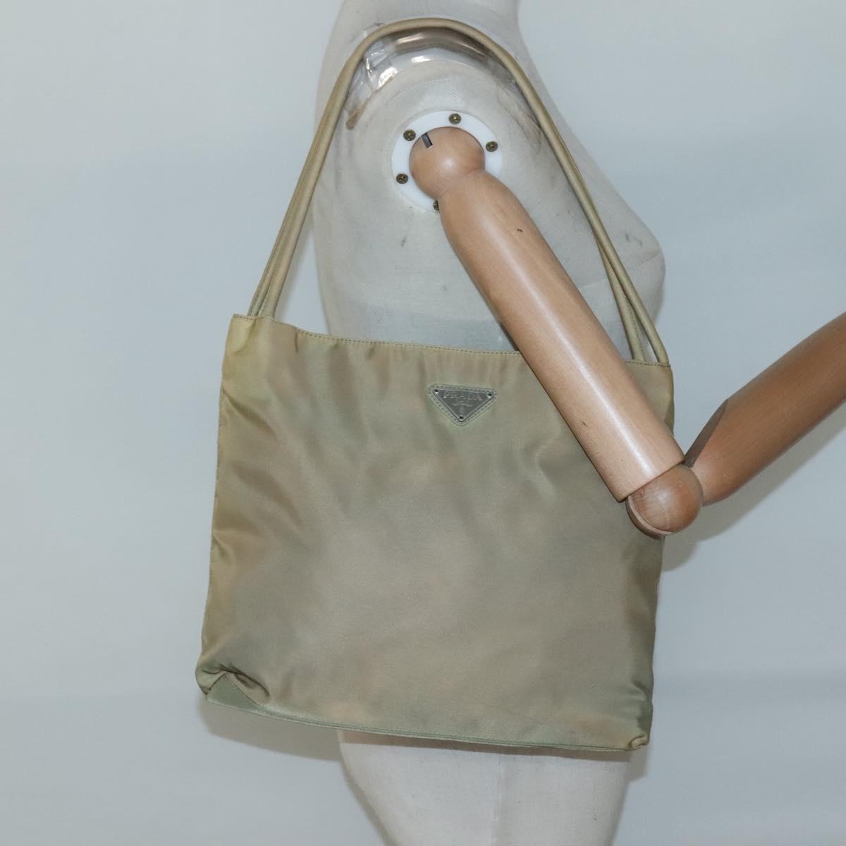 PRADA Tote Bag Nylon Beige Silver Auth bs27846