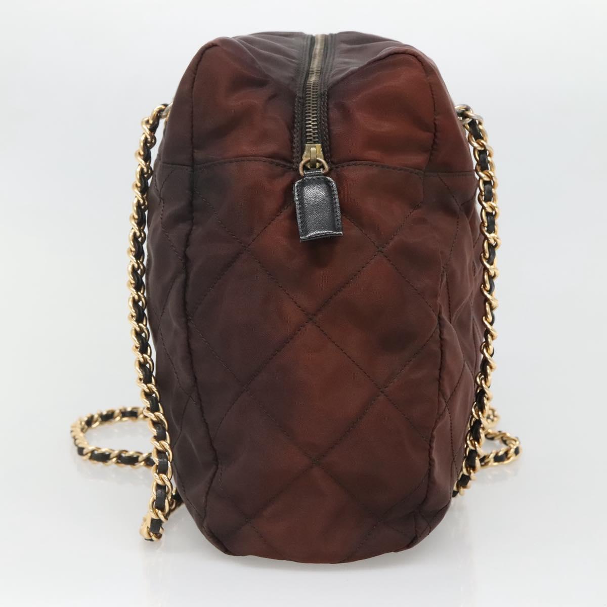 PRADA Chain Shoulder Bag Nylon Brown Gold Auth bs27847