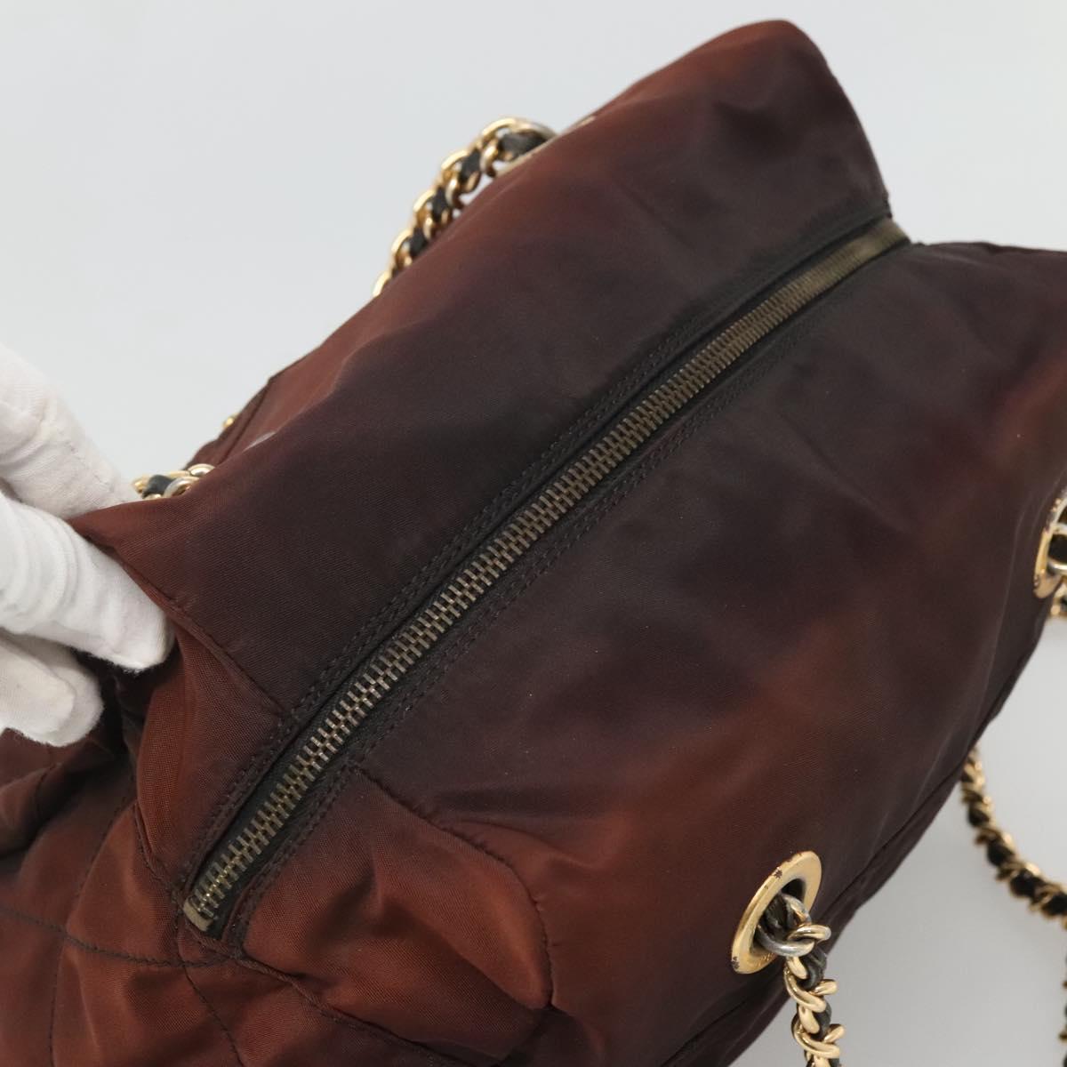 PRADA Chain Shoulder Bag Nylon Brown Gold Auth bs27847