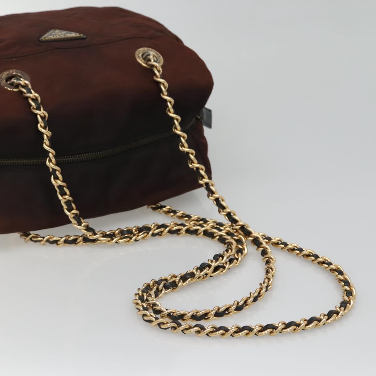 PRADA Chain Shoulder Bag Nylon Brown Gold Auth bs27847