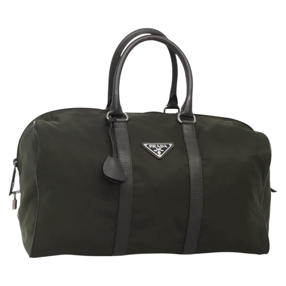 PRADA Boston Bag Nylon Leather Khaki Silver Auth bs27849