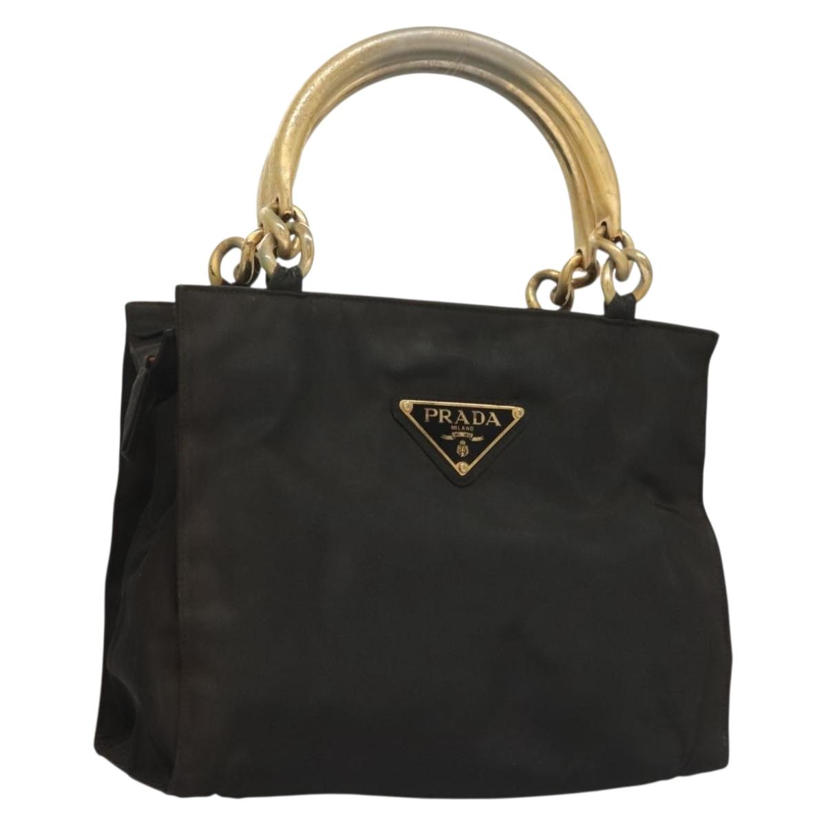 PRADA Hand Bag Nylon Black Gold Auth bs27856