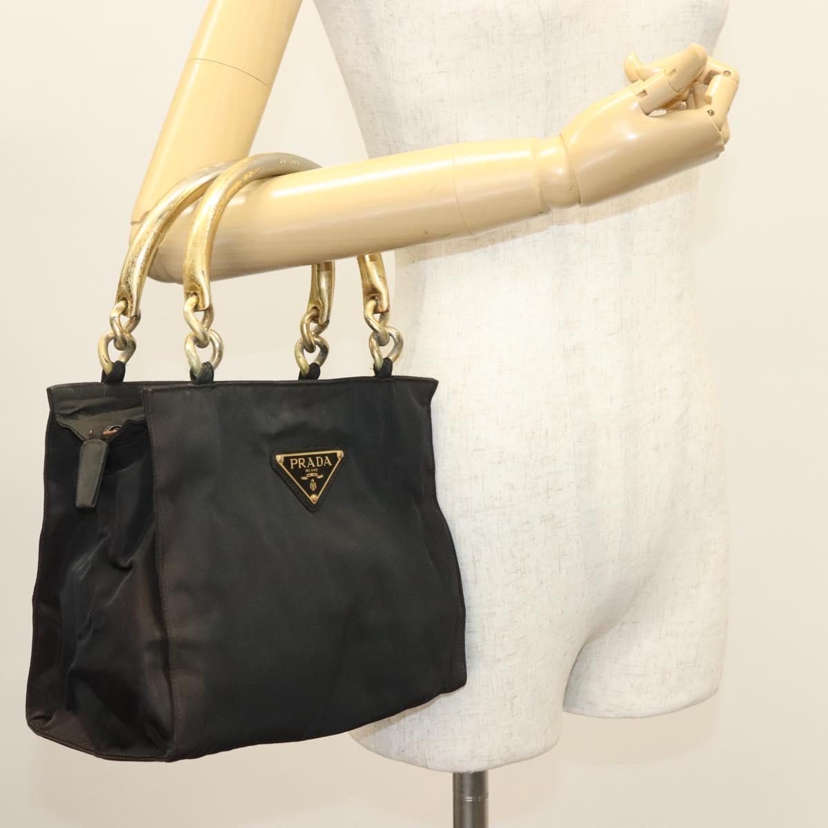 PRADA Hand Bag Nylon Black Gold Auth bs27856