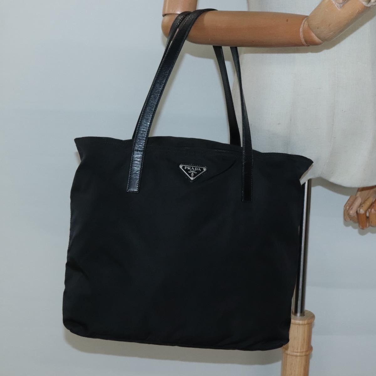 PRADA Tote Bag Nylon Black Silver Auth bs27858