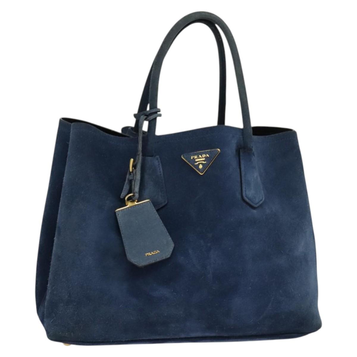 PRADA Hand Bag Suede Blue Gold Auth bs27863