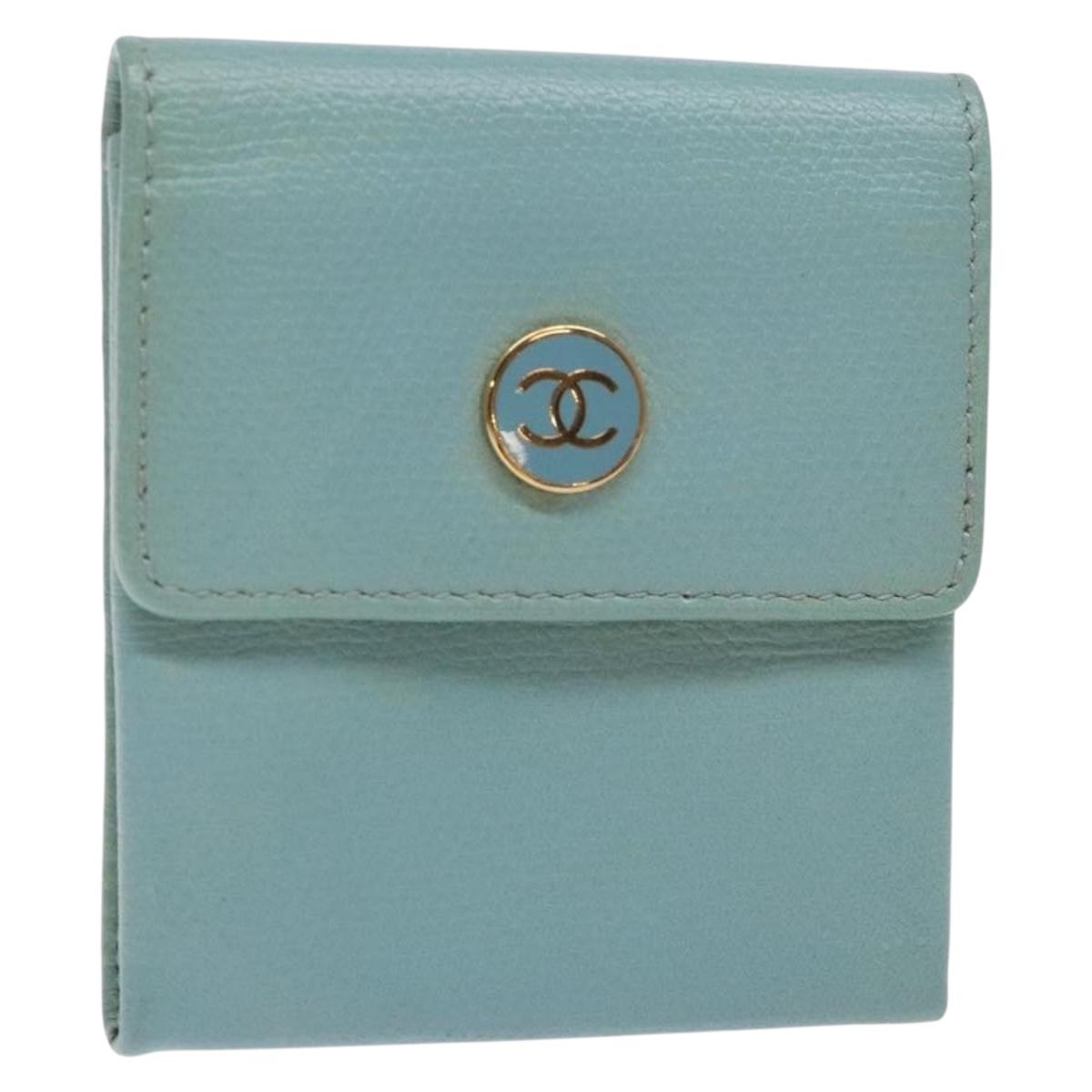 CHANEL Coin Purse Leather Turquoise Blue Gold CC Auth bs27875