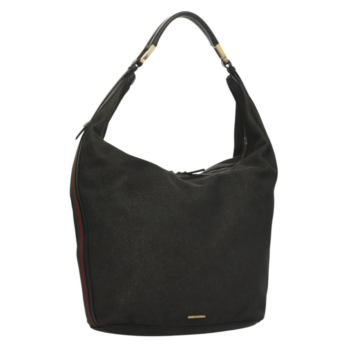 GUCCI Web Sherry Line Shoulder Bag Denim Black Gold 73884 Auth bs27901