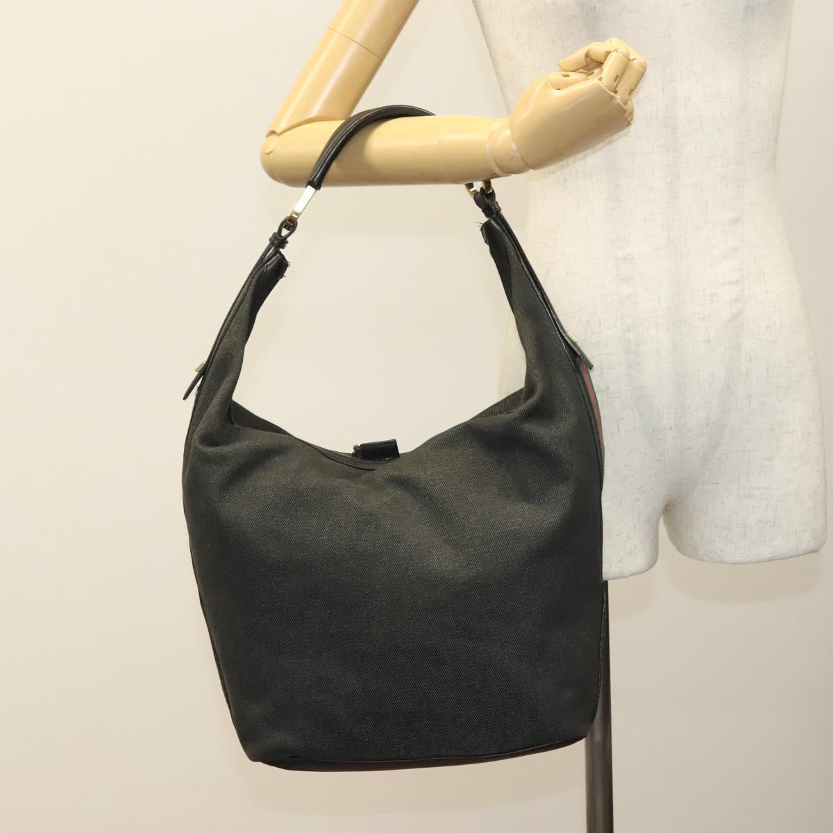 GUCCI Web Sherry Line Shoulder Bag Denim Black Gold 73884 Auth bs27901