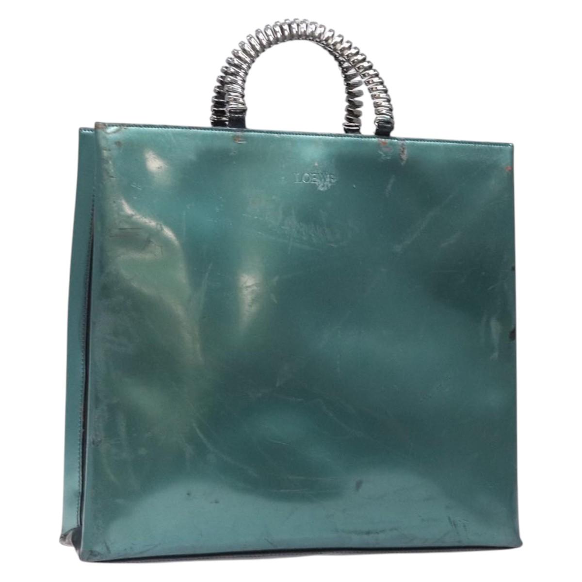 LOEWE Hand Bag Patent leather Turquoise Blue Silver Auth bs27910