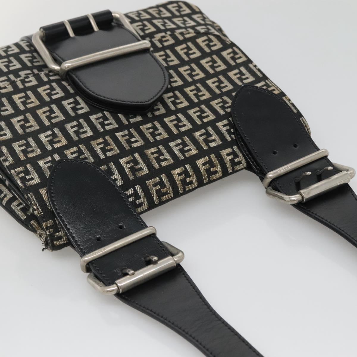 FENDI Zucchino Canvas Shoulder Bag Black Silver Auth bs27912