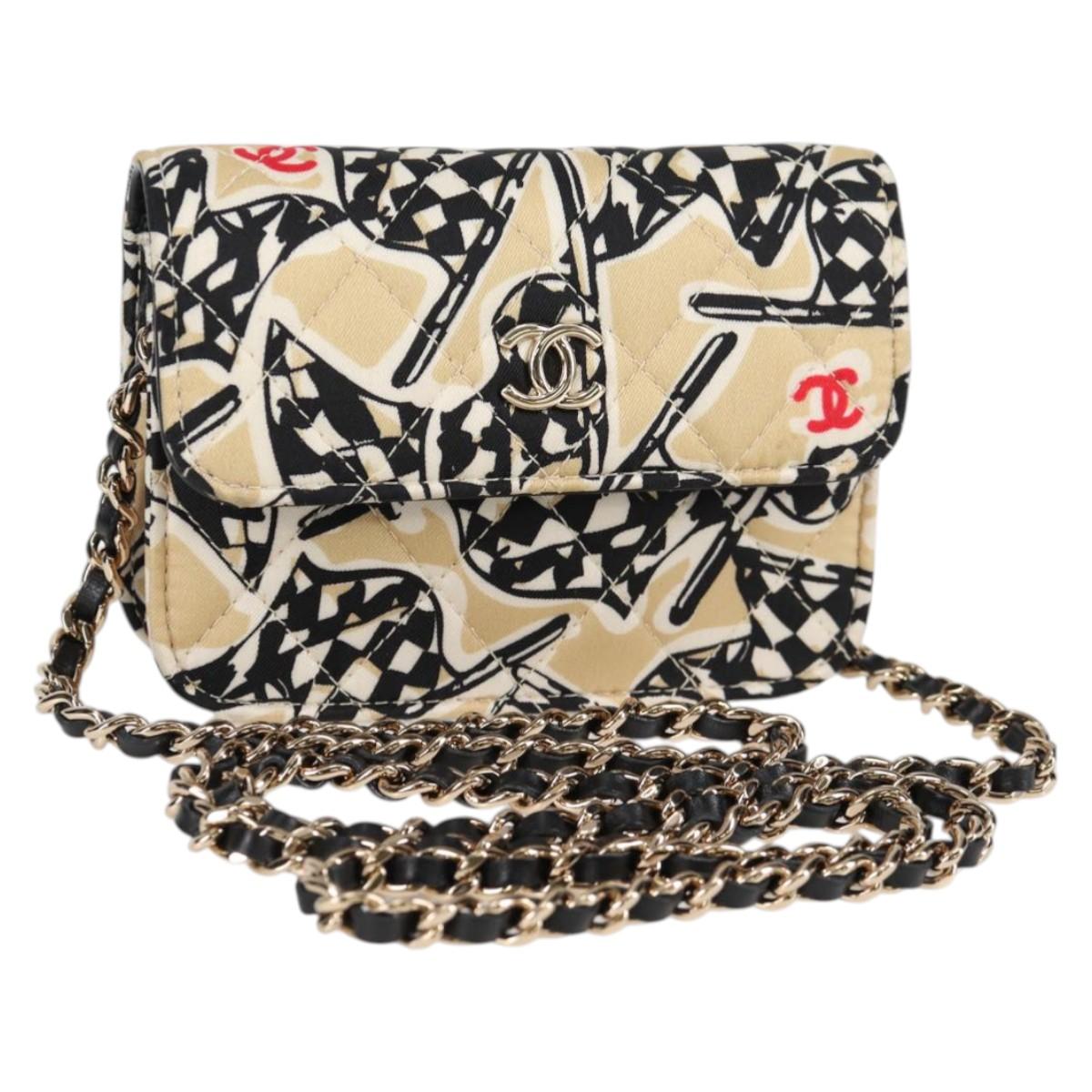 CHANEL Matelasse Chain Pouch Canvas Beige Gold CC Auth bs27947M