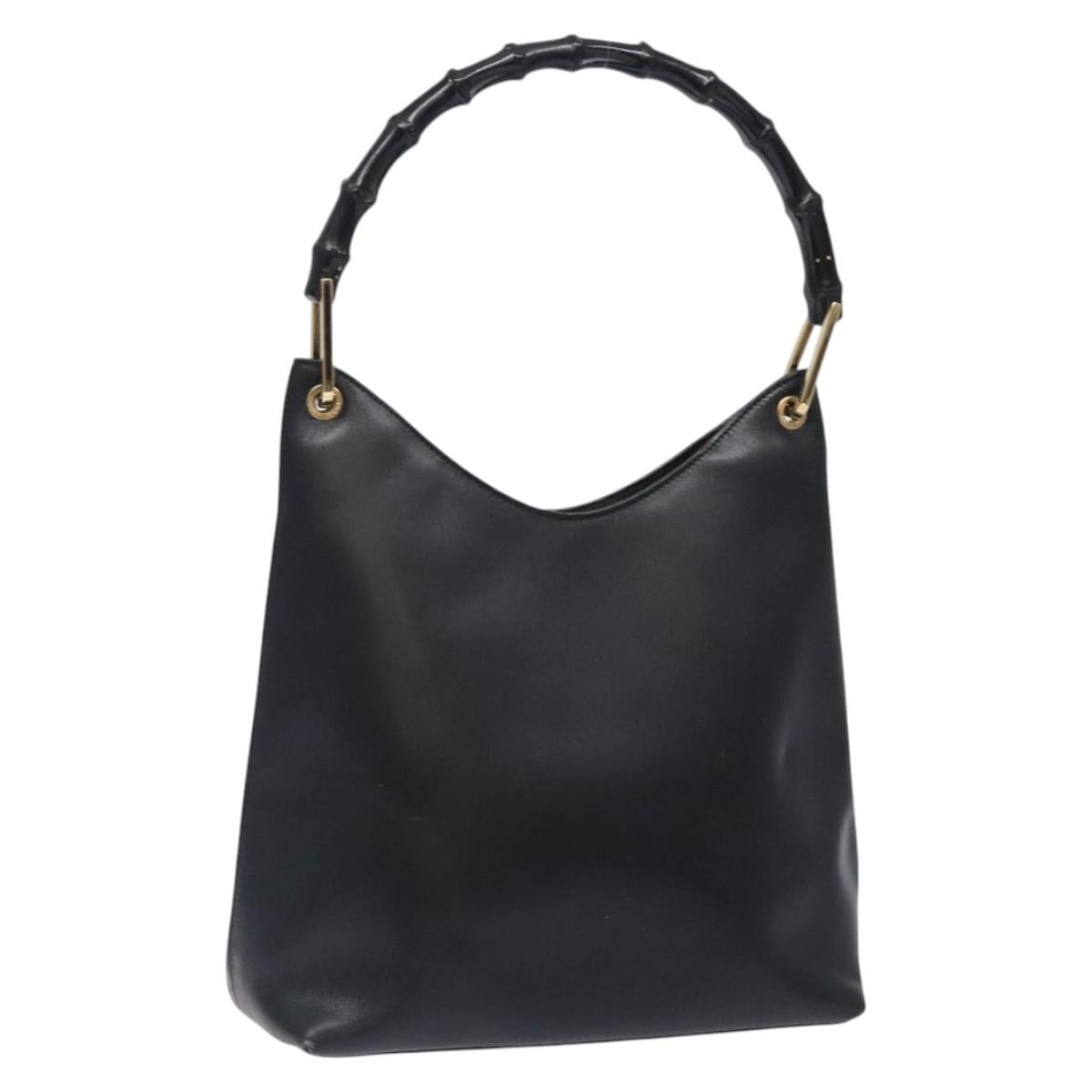 GUCCI Bamboo Shoulder Bag Leather Black Gold 001 3007 Auth bs27965