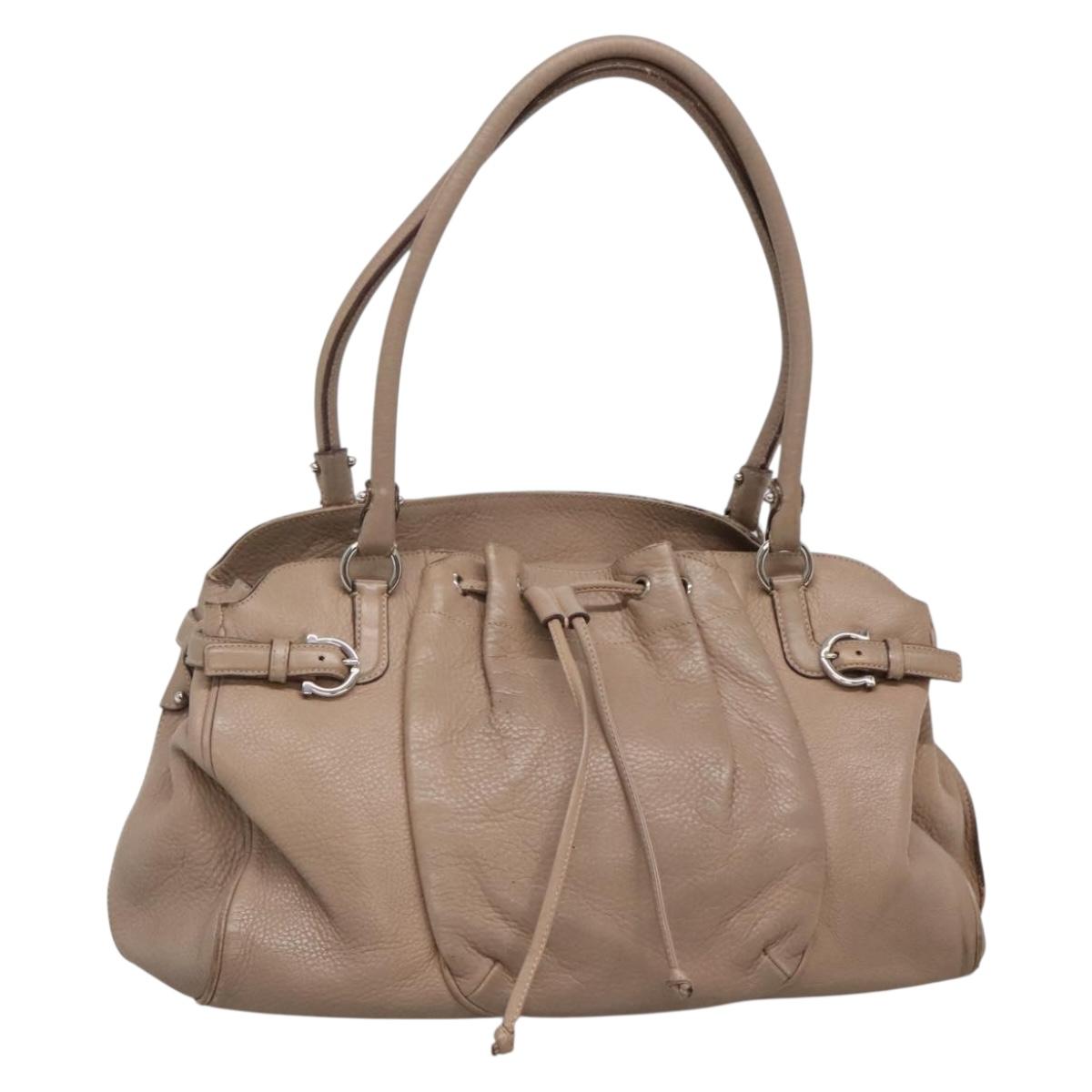 Salvatore Ferragamo Gancini Shoulder Bag Leather Beige Silver Auth bs27983