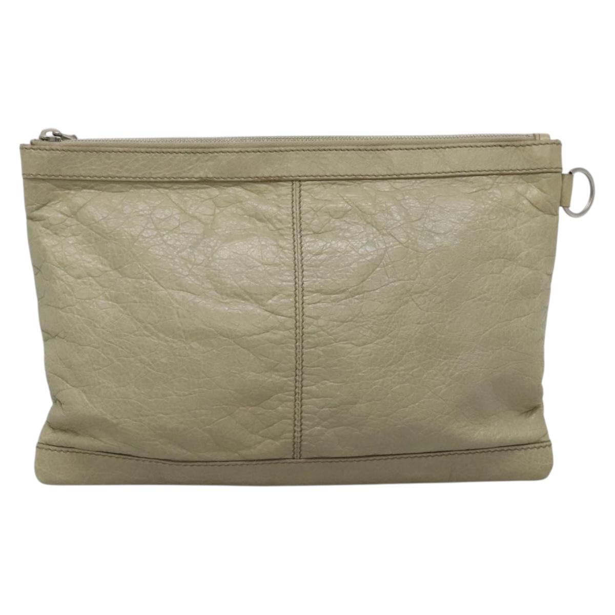 BALENCIAGA Classic Clip M Clutch Bag Leather Beige Silver Auth bs27985