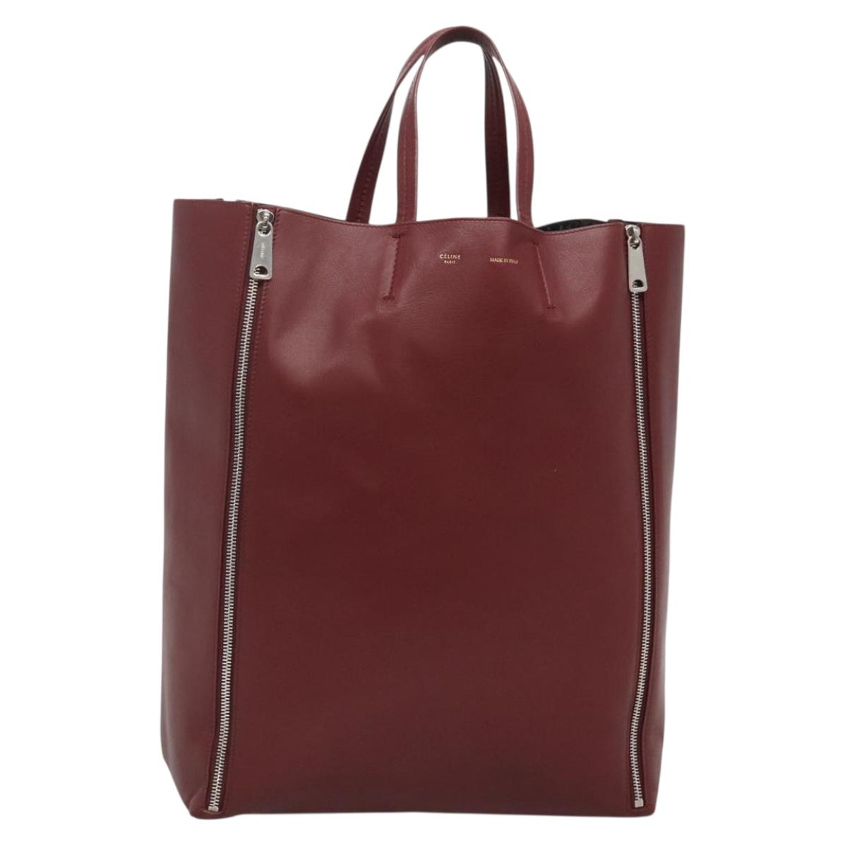 CELINE Horizontal Cabas Gusset Tote Bag Leather Red Silver Auth bs27990