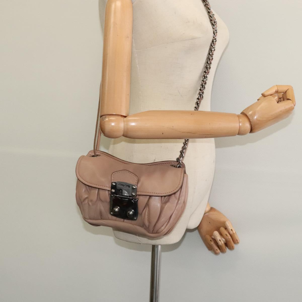 Miu Miu Matelasse Chain Shoulder Bag Leather Pink Silver Auth bs27996