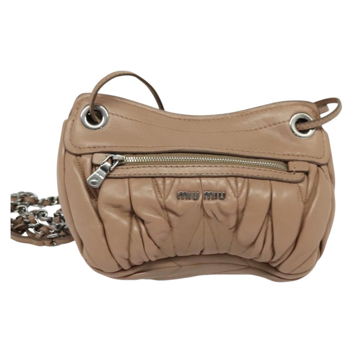 Miu Miu Matelasse Chain Shoulder Bag Leather Pink Silver Auth bs27996