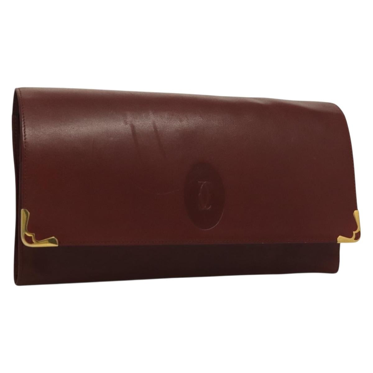 CARTIER Must Line Clutch Bag Leather Bordeaux Gold Auth bs28004