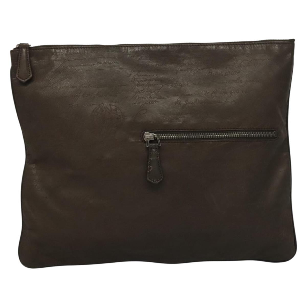 Berluti Calligraphy Clutch Bag Leather Brown Silver Auth bs28029