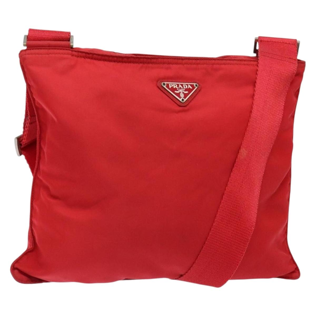 PRADA Shoulder Bag Nylon Red Silver Auth bs28053