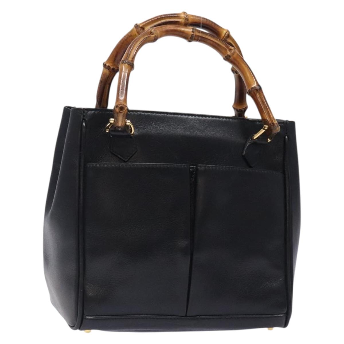 GUCCI Bamboo Hand Bag Leather Black Gold 000 122 0316 Auth bs28069