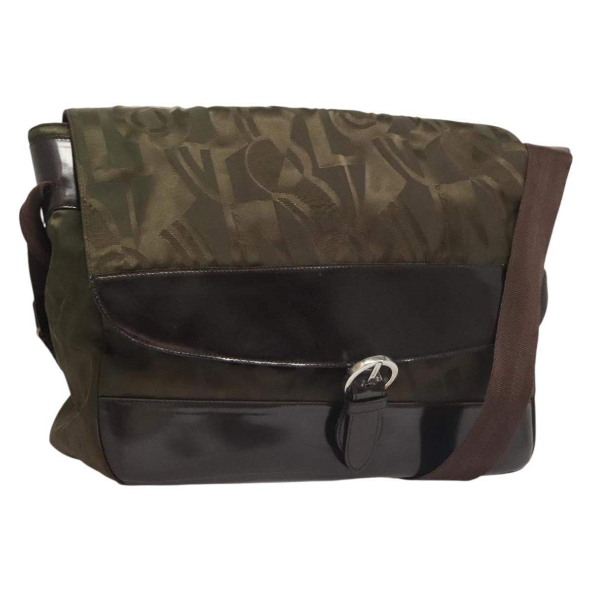 Salvatore Ferragamo Shoulder Bag Nylon Enamel Khaki Silver Auth bs28133