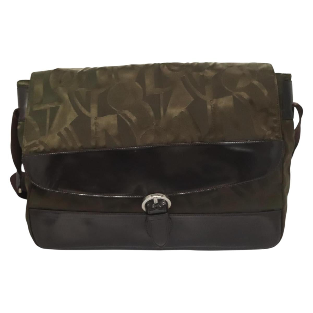 Salvatore Ferragamo Shoulder Bag Nylon Enamel Khaki Silver Auth bs28133