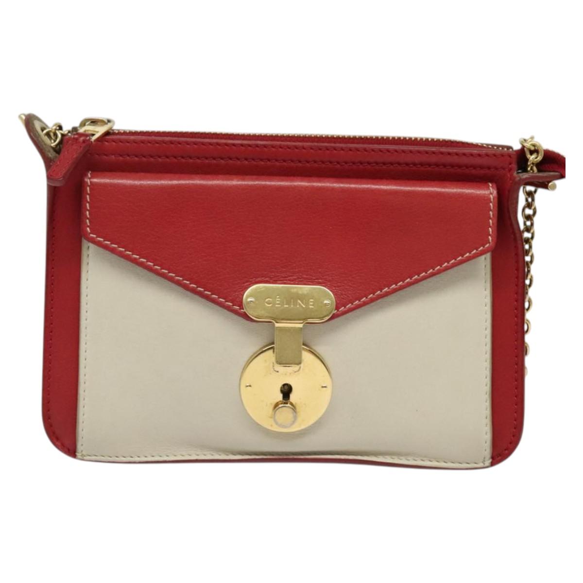 CELINE Chain Shoulder Bag Leather Red Gold Auth bs28138