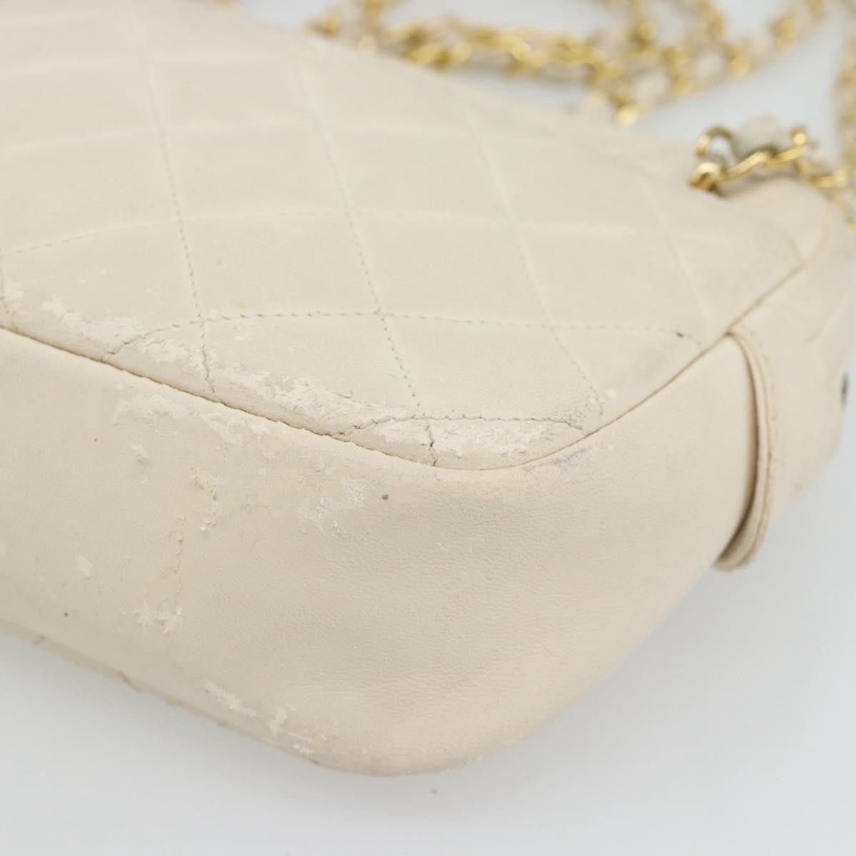 CHANEL Matelasse Chain Shoulder Bag Lamb Skin White Gold CC Auth bs28144