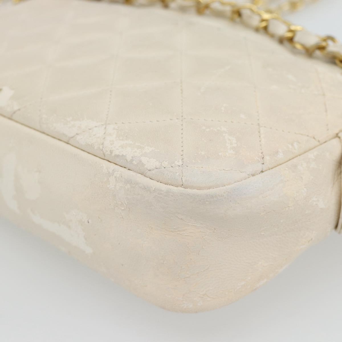 CHANEL Matelasse Chain Shoulder Bag Lamb Skin White Gold CC Auth bs28144