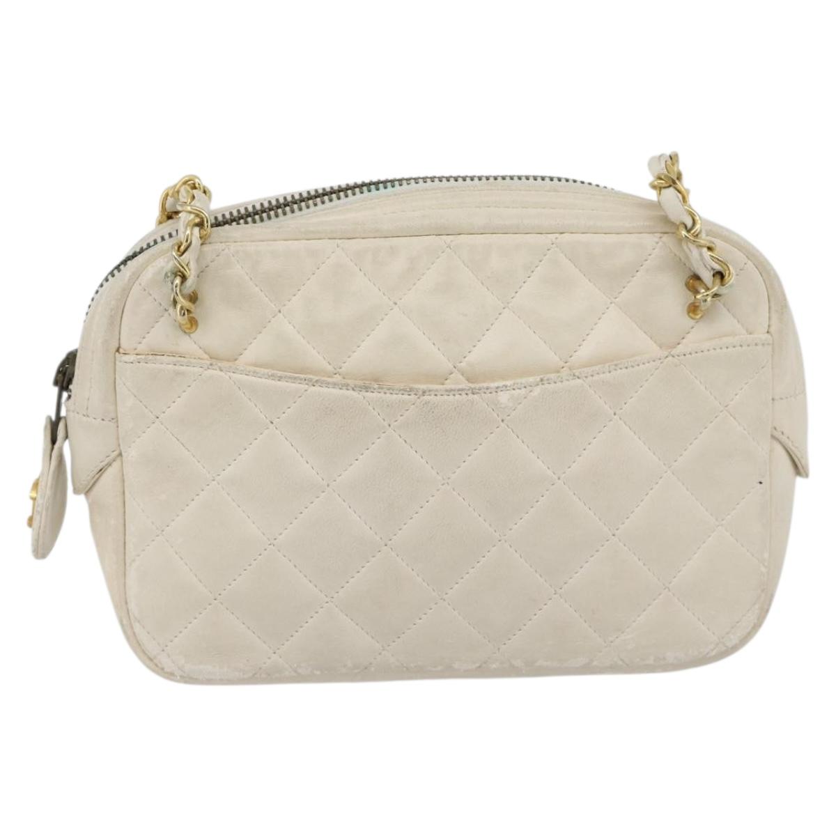 CHANEL Matelasse Chain Shoulder Bag Lamb Skin White Gold CC Auth bs28144