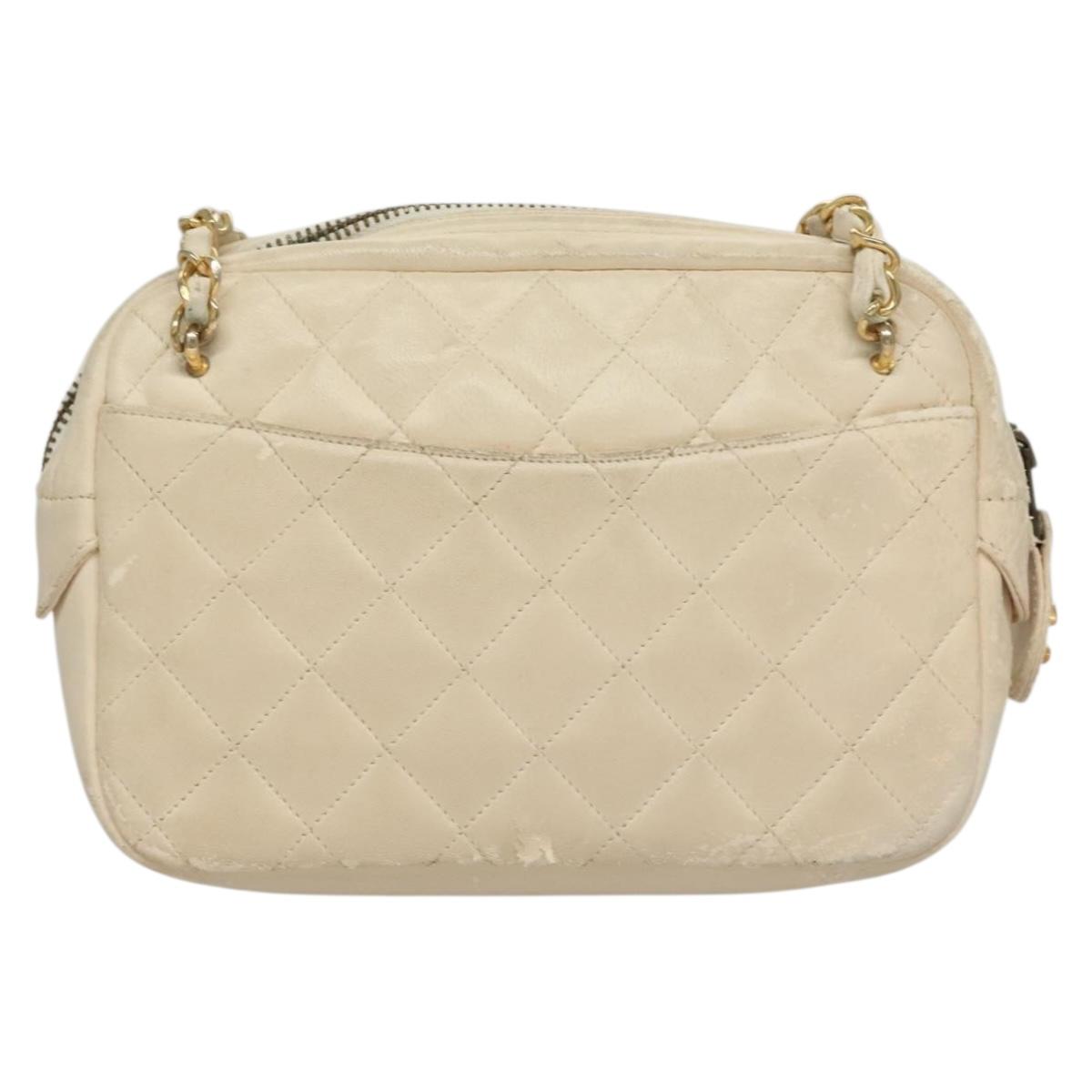 CHANEL Matelasse Chain Shoulder Bag Lamb Skin White Gold CC Auth bs28144