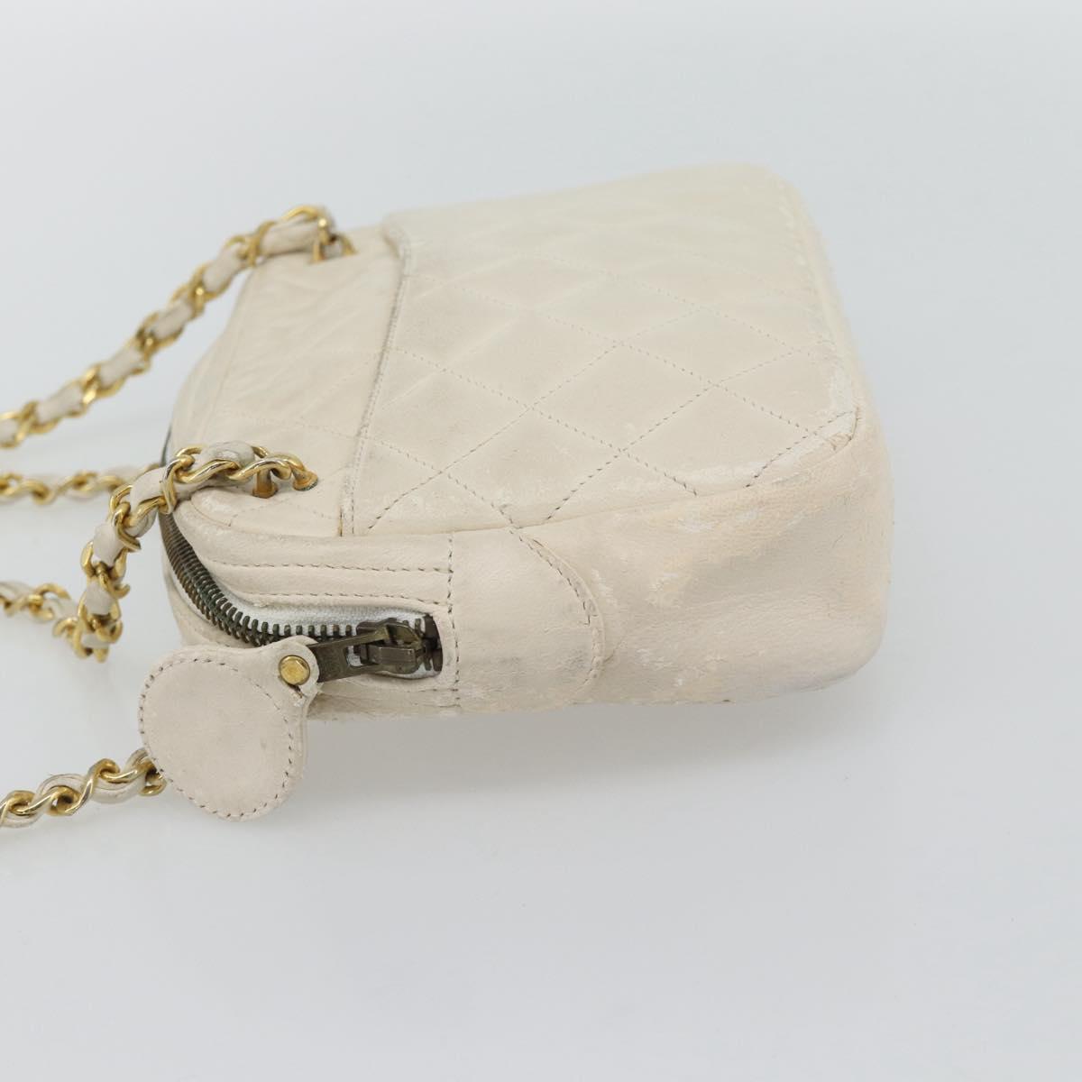 CHANEL Matelasse Chain Shoulder Bag Lamb Skin White Gold CC Auth bs28144