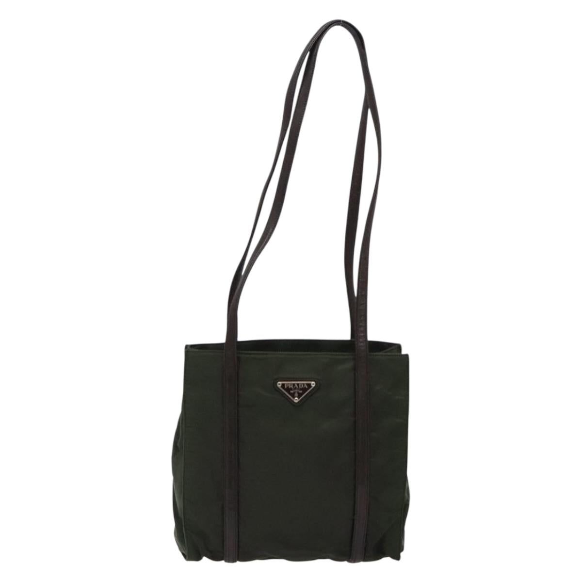 PRADA Shoulder Bag Nylon Leather Khaki Silver Auth bs28226