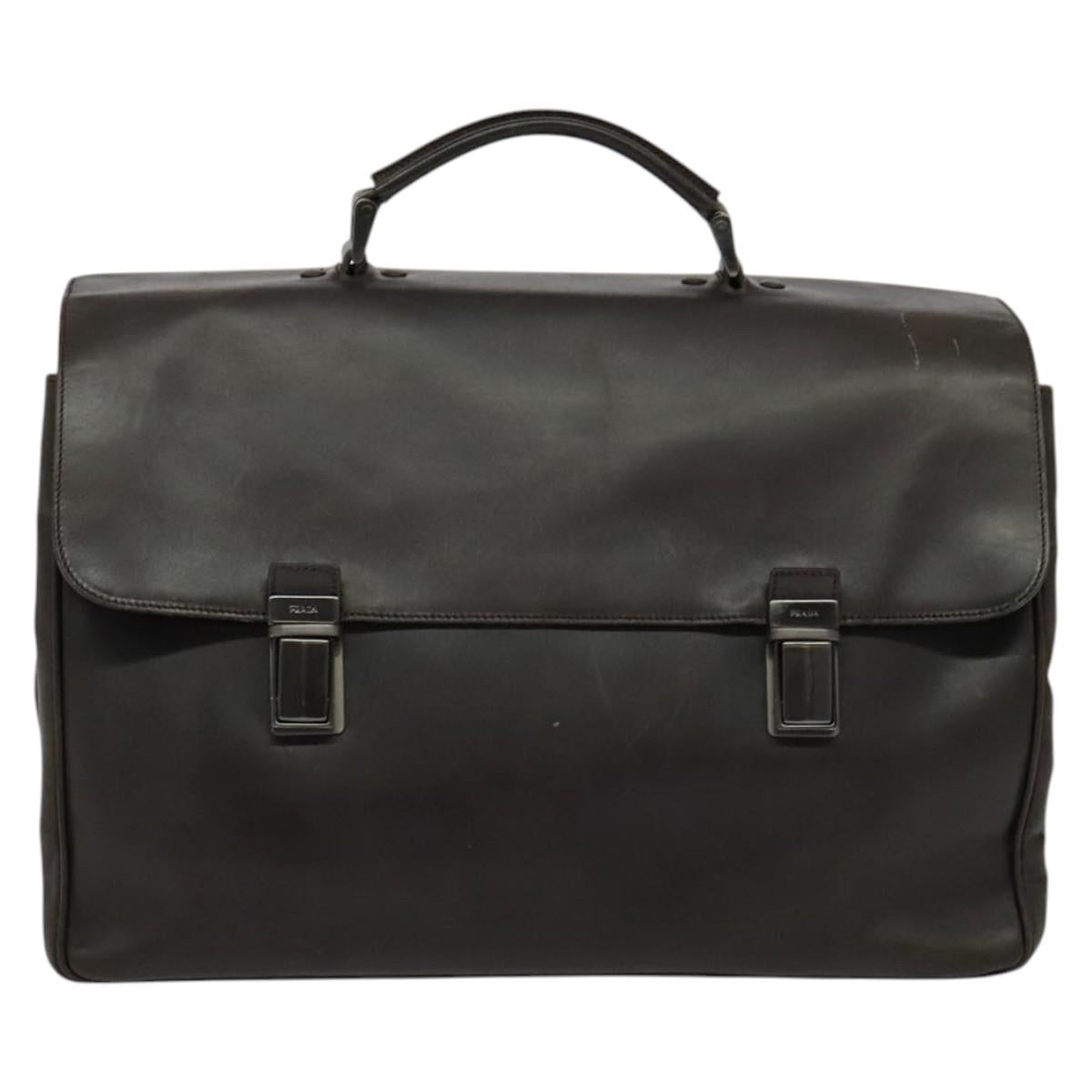 PRADA Business Bag Leather Brown Silver Auth bs28234
