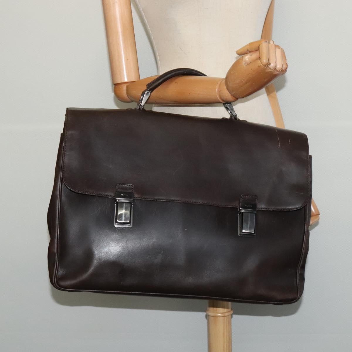 PRADA Business Bag Leather Brown Silver Auth bs28234