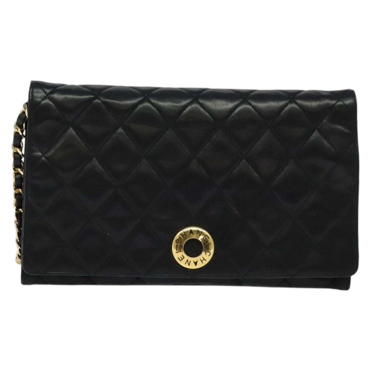 CHANEL Matelasse Chain Shoulder Bag Lamb Skin Black Gold CC Auth bs28257