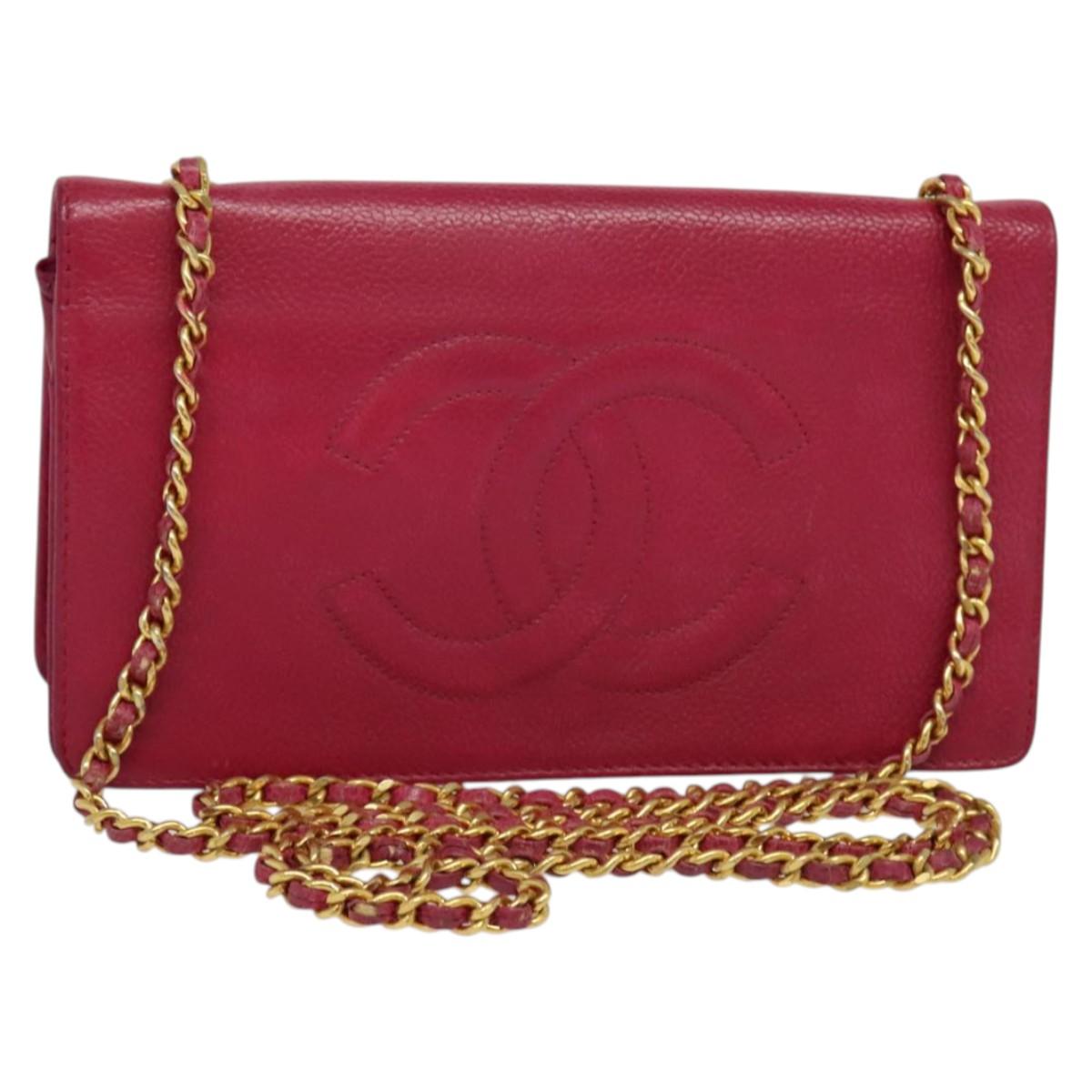 CHANEL Chain Wallet Caviar Skin Pink Gold CC Auth bs28262