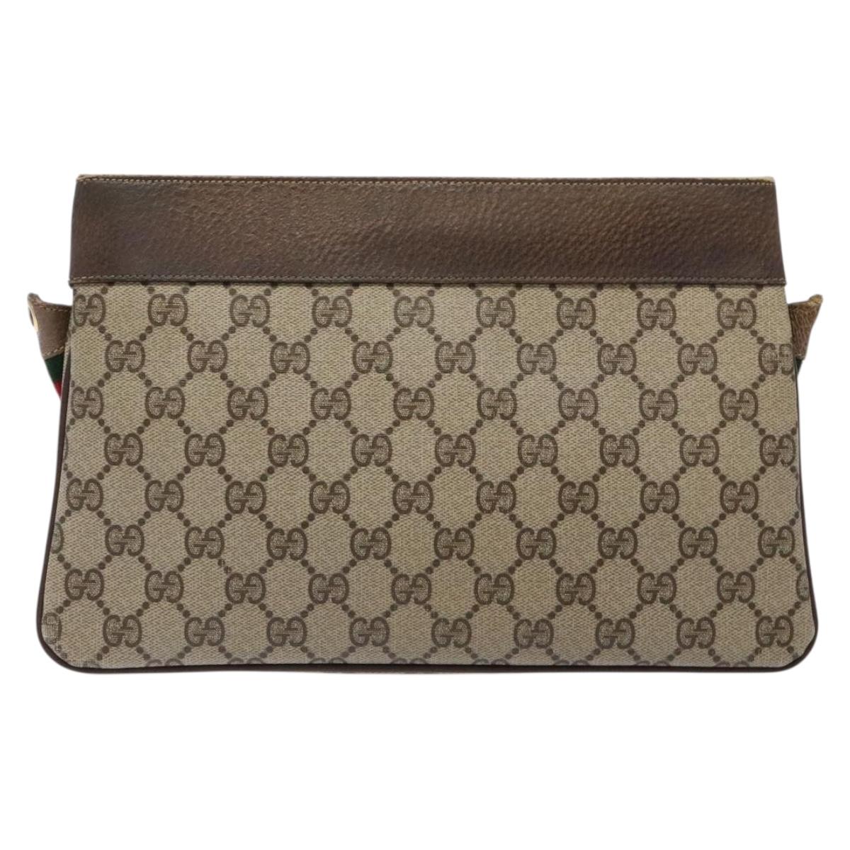 GUCCI GG Supreme Chain Clutch Bag PVC Beige Gold Auth bs28268