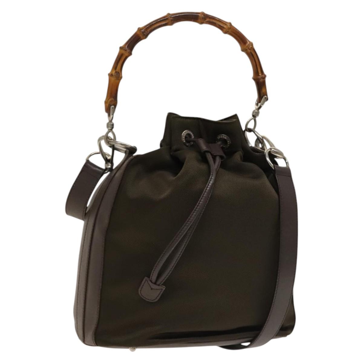 GUCCI Bamboo Hand Bag Nylon Leather 2way Brown Silver 001 2684 1657 Auth bs28274