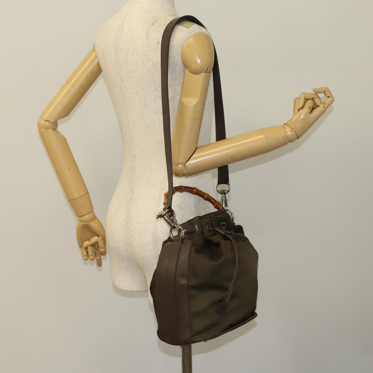 GUCCI Bamboo Hand Bag Nylon Leather 2way Brown Silver 001 2684 1657 Auth bs28274