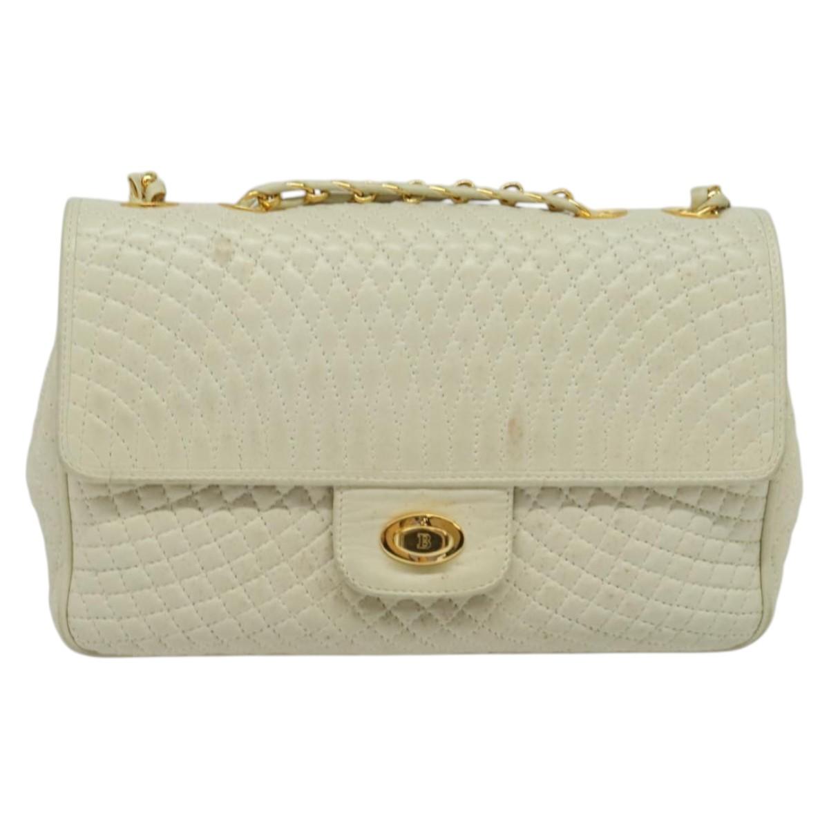 BALLY Shoulder Bag Leather White Gold Auth bs28307